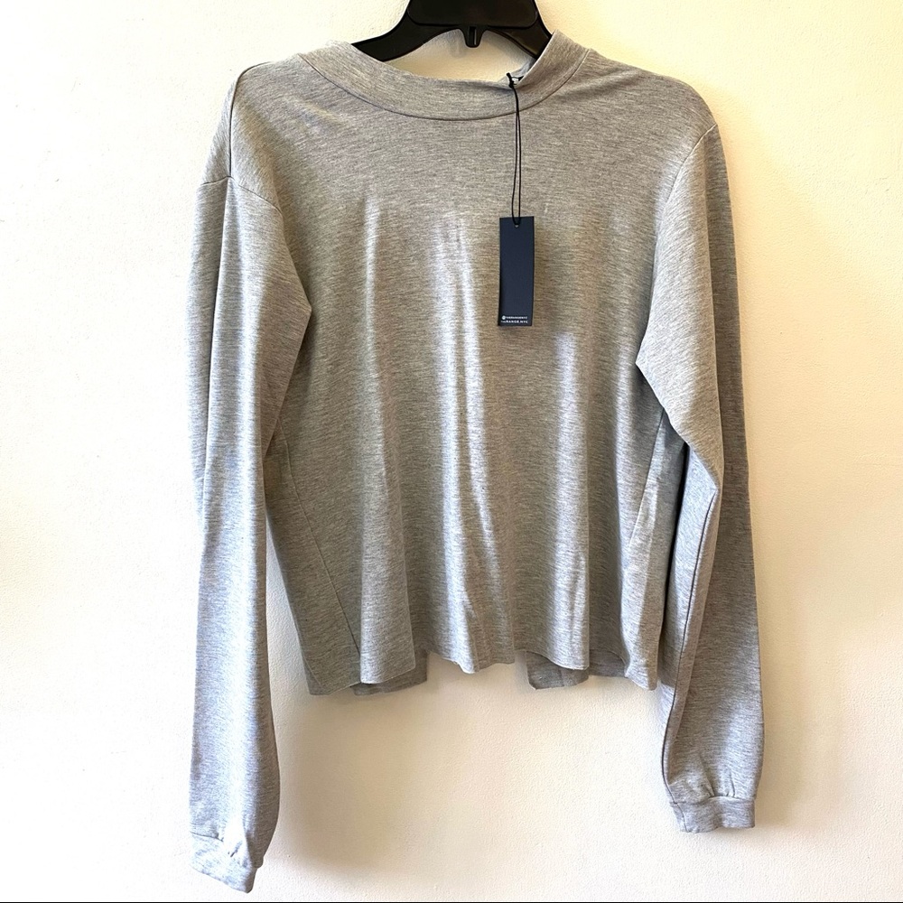 The Range NYC gray open back wide neck raw hem shirt size small